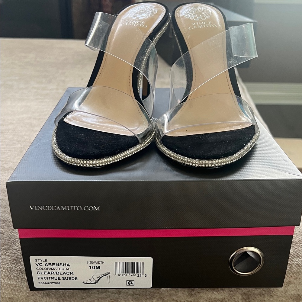 Vince Camuto Black Heeled Sandals with Clear Strap